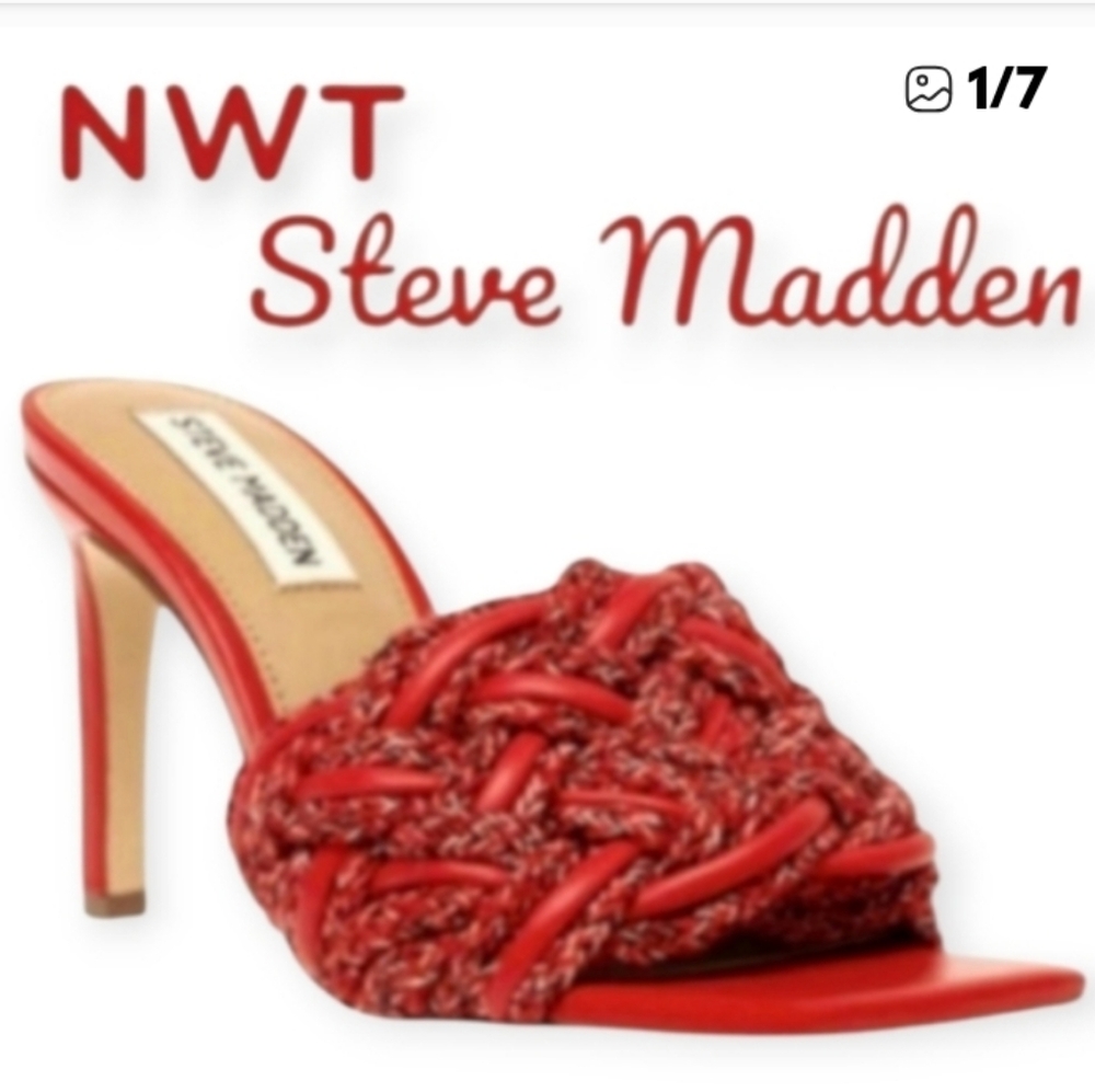 NWT Steve Madden Red Seraphine Square Toe Woven Sandal Heels 👠🆕❤️